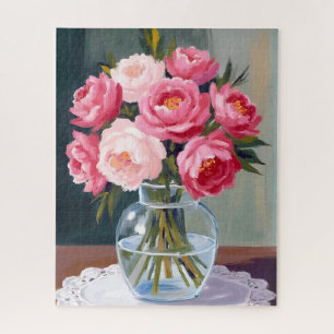 Peony Bouquet Flower Vase Pink Watercolor Floral Jigsaw Puzzle