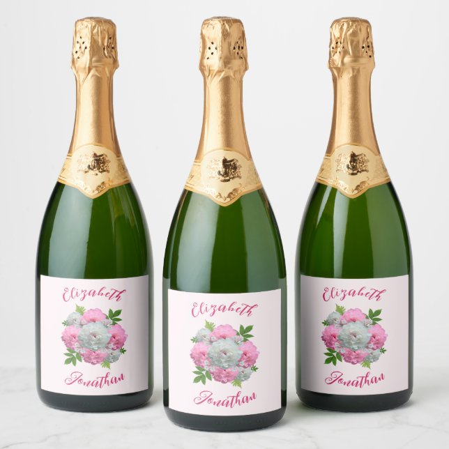 Peony Bouquet Wedding Sparkling Wine Label (Bottles)