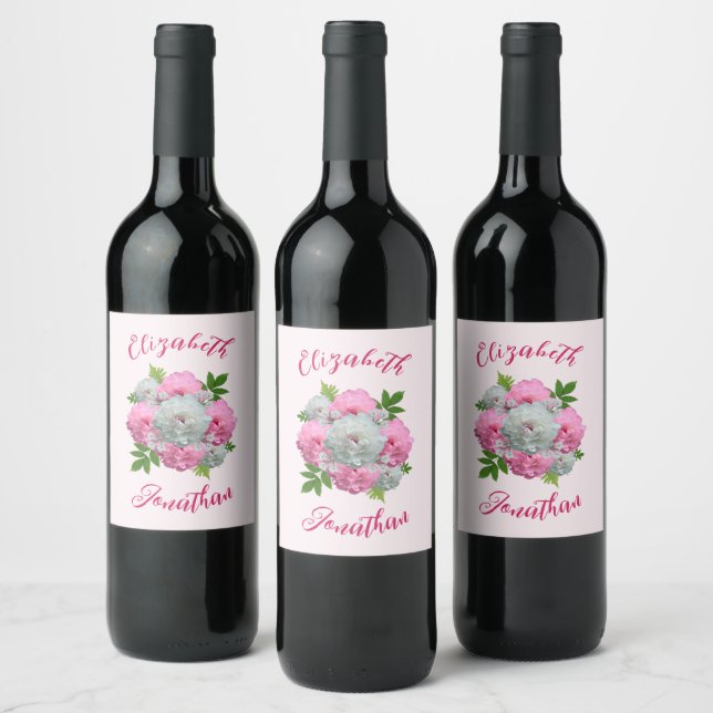 Peony Bouquet Wedding Wine Label (Bottles)