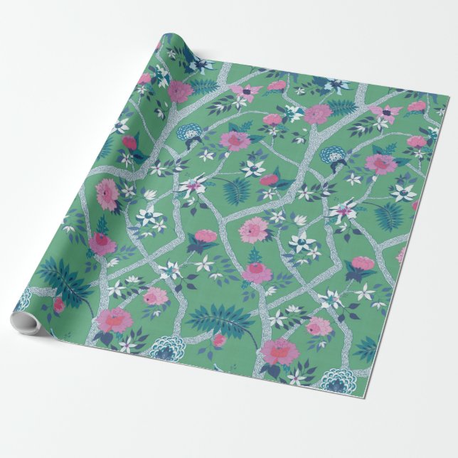 Peony Branch on Green Wrapping Paper (Unrolled)