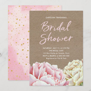 Peony Bridal Shower Blush Pink Paper Kraft Look Invitation
