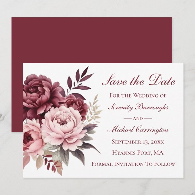 Peony Burgundy Pink Floral Save the Date Wedding Invitation (Front/Back)