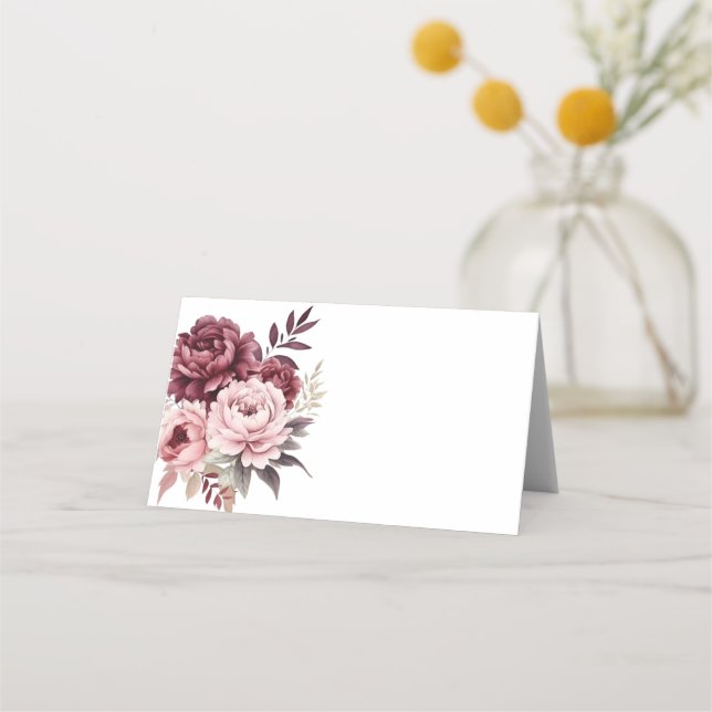 Peony Burgundy Pink Peonies Fall Floral Wedding Place Card (Front)