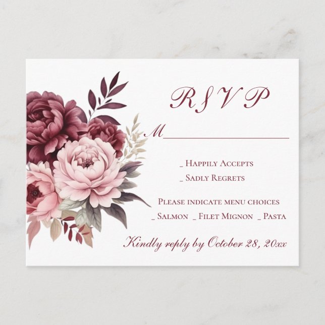 Peony Burgundy Watercolor Floral Wedding RSVP  Invitation Postcard (Front)