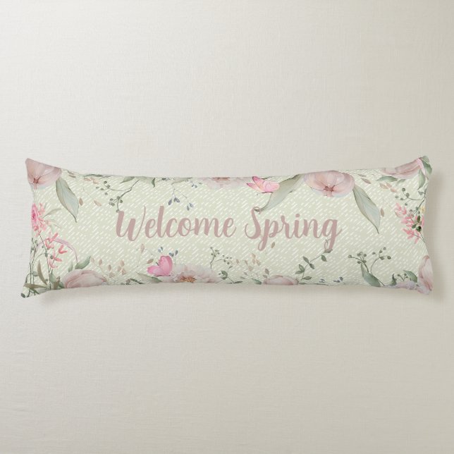 Peony & Butterflies Sage Green Welcome Spring Body Cushion (Front)