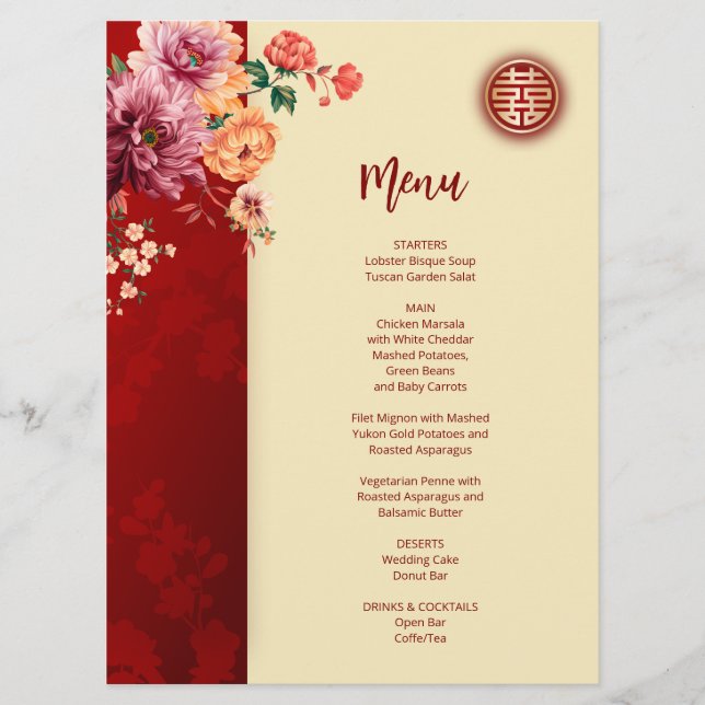 Peony Chinese Wedding Menu Card (Front)