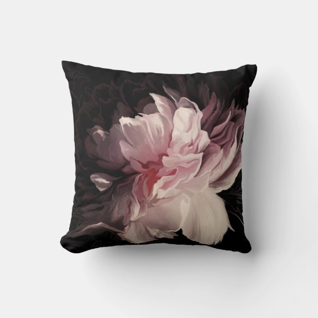Peony Dark Wall: Painted Flower Design Cushion (Front)