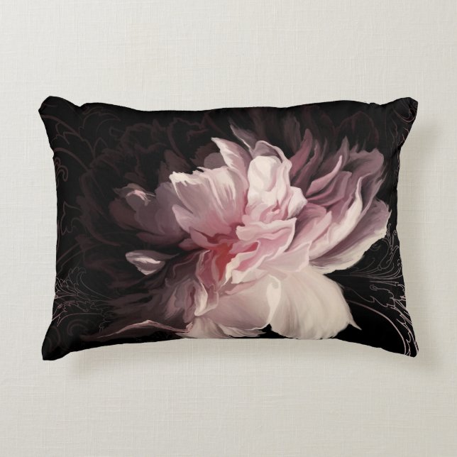 Peony Dark Wall: Painted Flower Design Decorative Cushion (Front)
