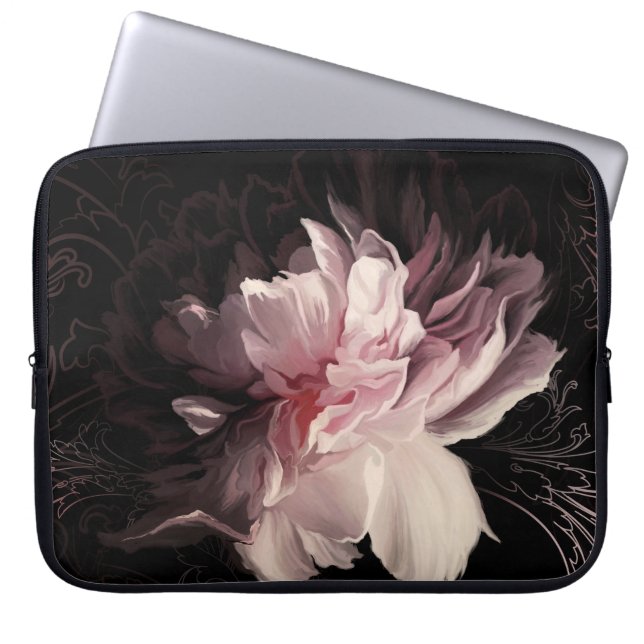 Peony Dark Wall: Painted Flower Design Laptop Sleeve (Front)