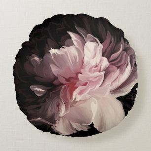 Peony Dark Wall: Painted Flower Design Round Cushion