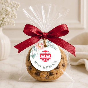 Peony Double Happiness Wedding Round Favour Tags