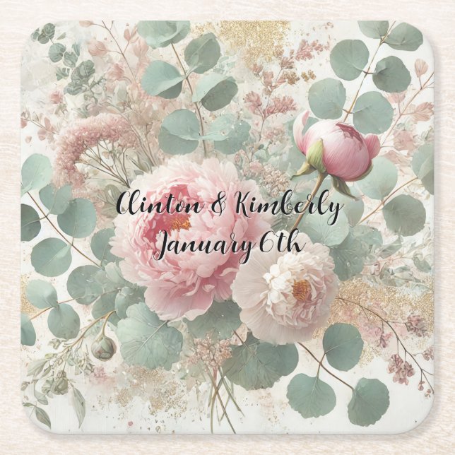 Peony Drama Paper & Party Plates Square Paper Coaster (Front)