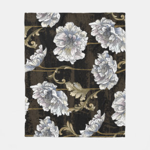 Peony Elegance: Baroque Gold Swirls Fleece Blanket