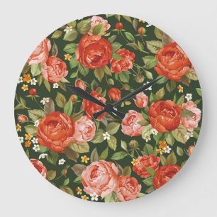 Peony Elegance: Graphic Floral Wallpaper. Large Clock