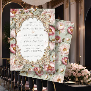 Peony Elegant Floral Gold w Pink and Sage Wedding Invitation