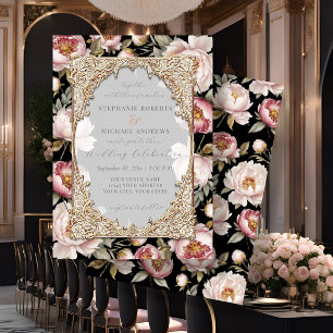Peony Elegant Floral Gold w Pink n Black Wedding Invitation
