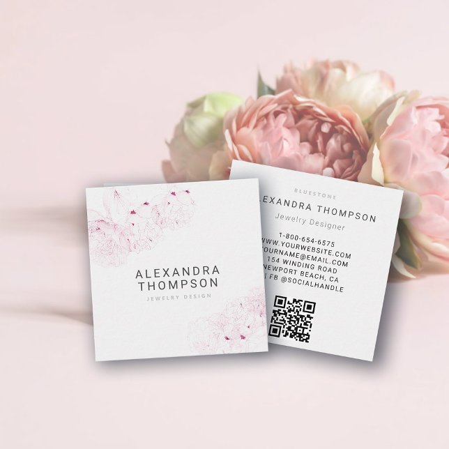 Peony Elegant Modern Minimalist Floral Sketch Chic Square Business Card (floral business card pink peony sketch art modern elegant minimalist classy professional)