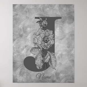 Peony Elegant Monogram Initial J Personalised Poster