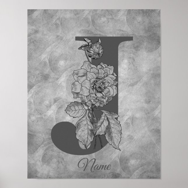 Peony Elegant Monogram Initial J Personalised Poster (Front)