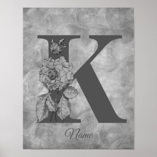 Peony Elegant Monogram Initial K Personalised Poster