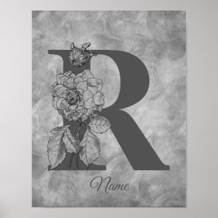 Peony Elegant Monogram Initial R Personalised Poster