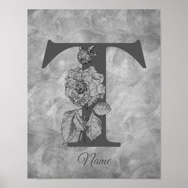 Peony Elegant Monogram Initial T Personalised Poster (Front)