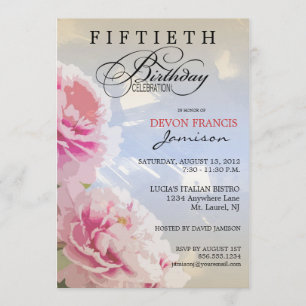 Peony Floral 50th Birthday Party Invitation Blue
