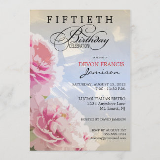Peony Floral 50th Birthday Party Invitation Blue