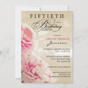 Peony Floral 50th Birthday Party Invitation Tan