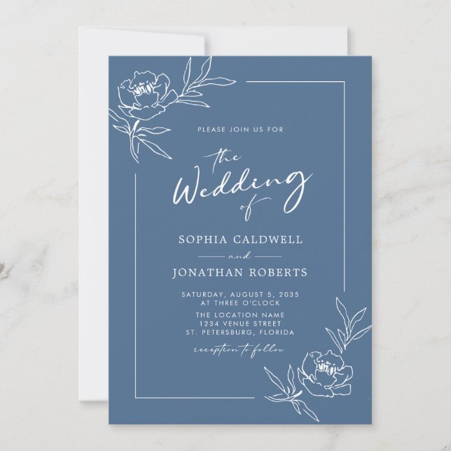 Peony Floral All in One Dusty Blue Wedding Invitation (Front)