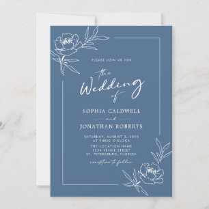 Peony Floral All in One Dusty Blue Wedding Invitation