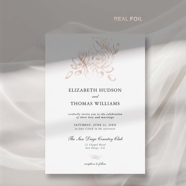 Peony Floral Art Sketch Rose Gold Classic Wedding (peony wedding invitation modern classic formal  floral sketch gold foil elegant romantic garden)