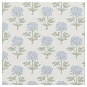 Peony Floral Block Print Cottage White Blue Green Fabric