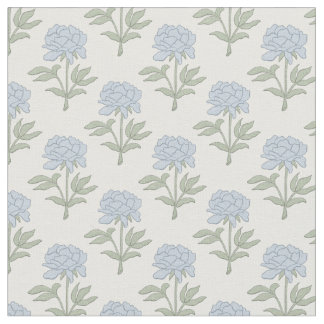 Peony Floral Block Print Cottage White Blue Green Fabric