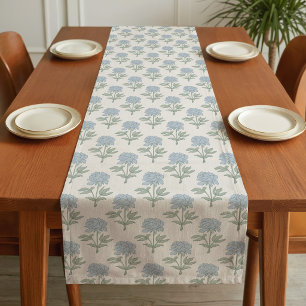 Peony Floral Block Print Cottage White Blue Green Short Table Runner