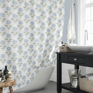 Peony Floral Block Print Cottage White Blue Green Shower Curtain