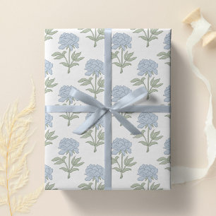 Peony Floral Block Print Cottage White Blue Green Wrapping Paper