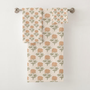 Peony Floral Block Print Vintage Boho Warm Neutral Bath Towel Set