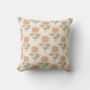 Peony Floral Block Print Vintage Boho Warm Neutral Cushion