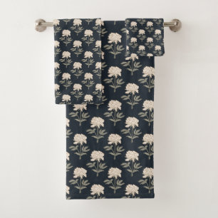 Peony Floral Block Print Vintage Botanical Dark Bath Towel Set