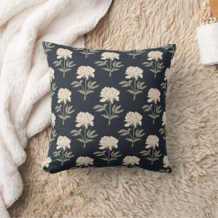 Peony Floral Block Print Vintage Botanical Dark Cushion