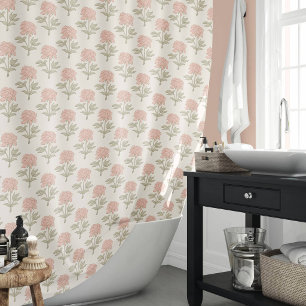 Peony Floral Block Print Vintage Cottage Soft Pink Shower Curtain