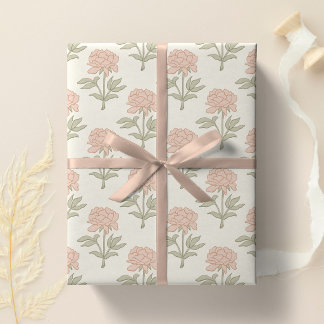 Peony Floral Block Print Vintage Cottage Soft Pink Wrapping Paper