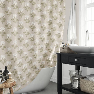 Peony Floral Block Print Vintage Mushroom Beige Shower Curtain