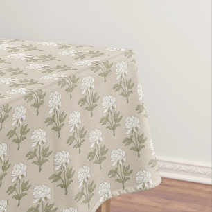 Peony Floral Block Print Vintage Mushroom Beige Tablecloth