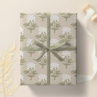 Peony Floral Block Print Vintage Mushroom Beige Wrapping Paper