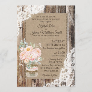 Peony Floral Bouquet Wood Lace Rustic Wedding Invitation
