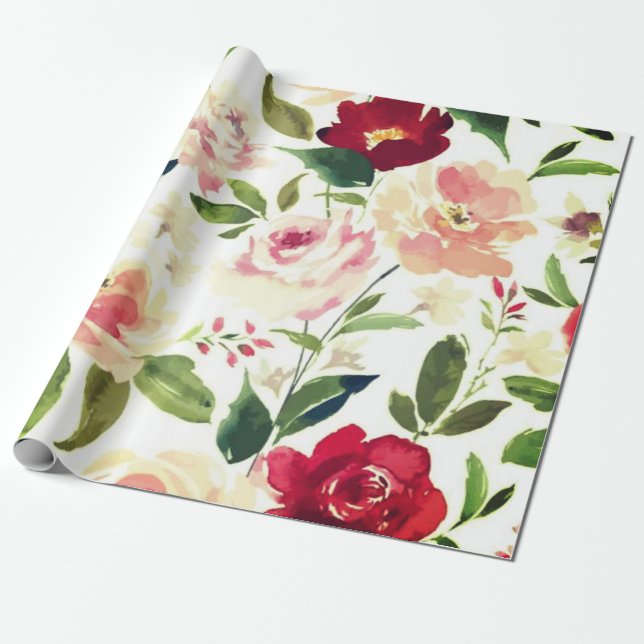 Peony floral Burgundy Pattern Antique Weddings Wrapping Paper (Unrolled)