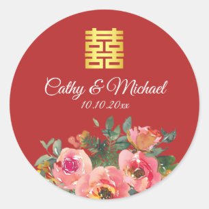 Peony floral double happiness Chinese wedding Classic Round Sticker