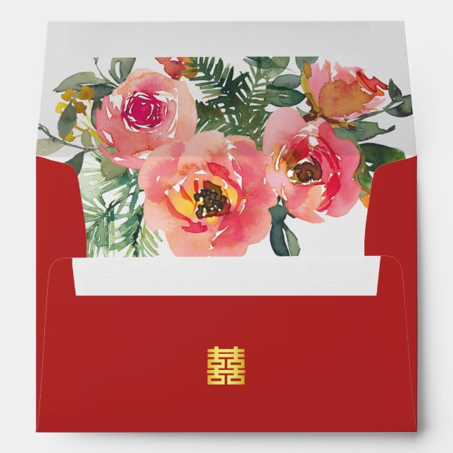 Peony floral double happiness Chinese wedding red  Envelope (Back (Bottom))